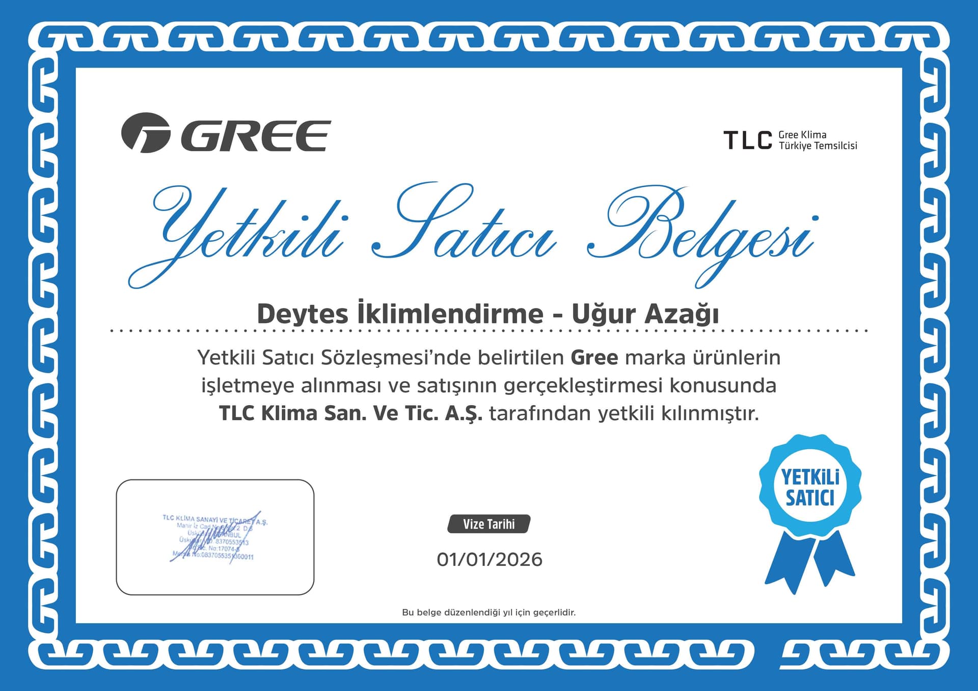 Gree Klima Yetki Belgesi - Deytes İklimlendirme